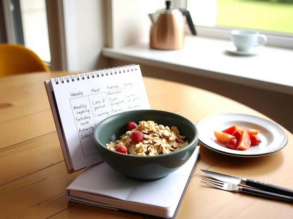 Minimalist breakfast table with notebook